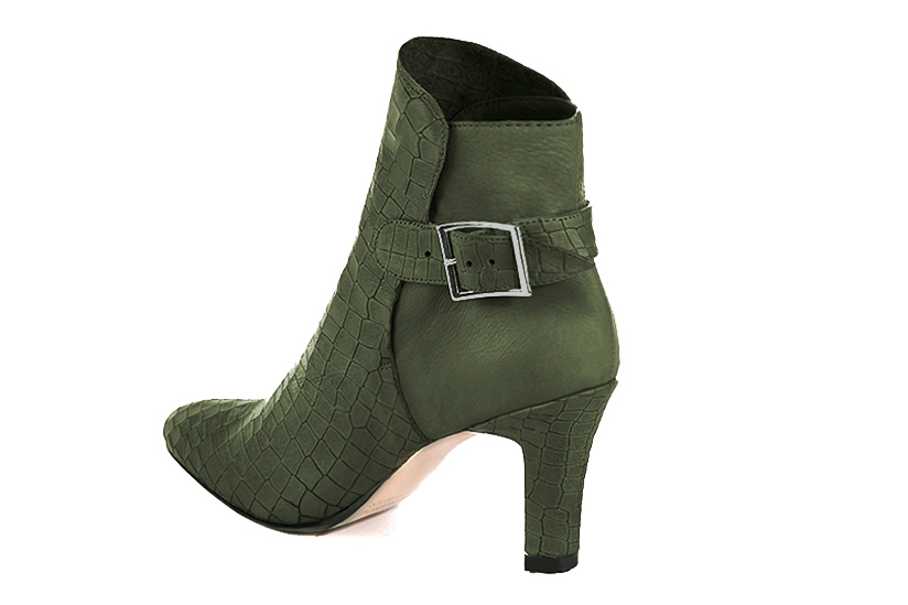 Forest green women's ankle boots with buckles at the back. Round toe. High kitten heels. Rear view - Florence KOOIJMAN